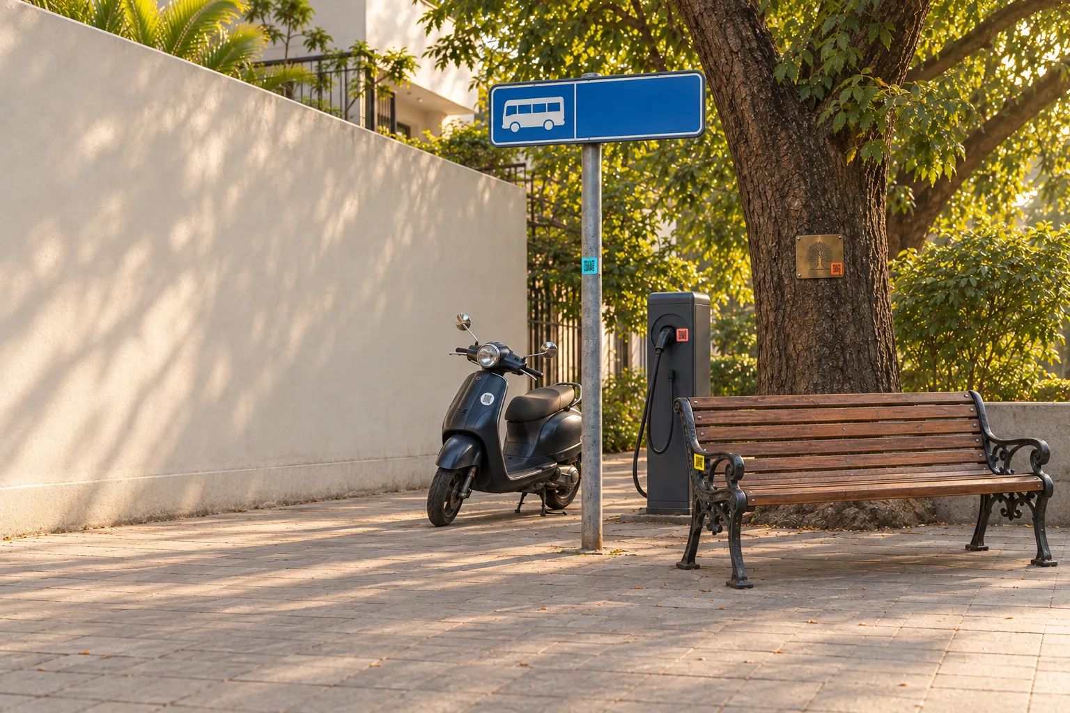 A leafy street corner: a bus stop with a rectangular sign board, an old tree with a brass plaque, an EV charger, a scooter and a bench, each with a small smart tag.