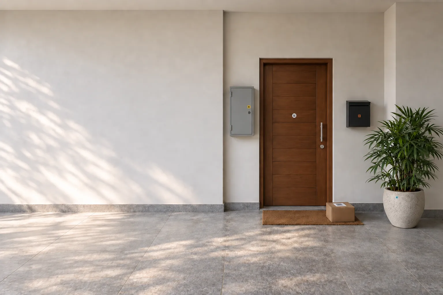 A home entrance: the front door, a meter box, a letterbox and a plant pot, each with a small smart tag, and a parcel with a QR label.