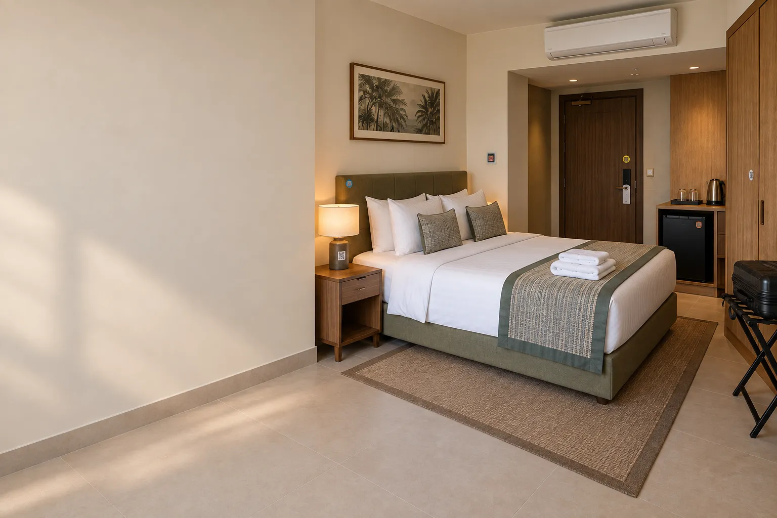 A hotel room: the bed, minibar, lamp, thermostat, room door and wardrobe, each with a small smart tag.