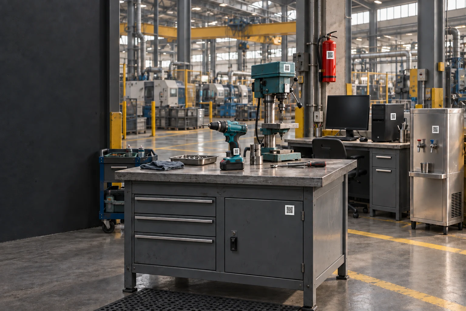 A maintenance bay inside a large factory, with tagged workbench cabinets, cordless drill, drill press, desktop PC, water cooler and fire extinguisher. Production machinery and a gantry crane extend into the background.