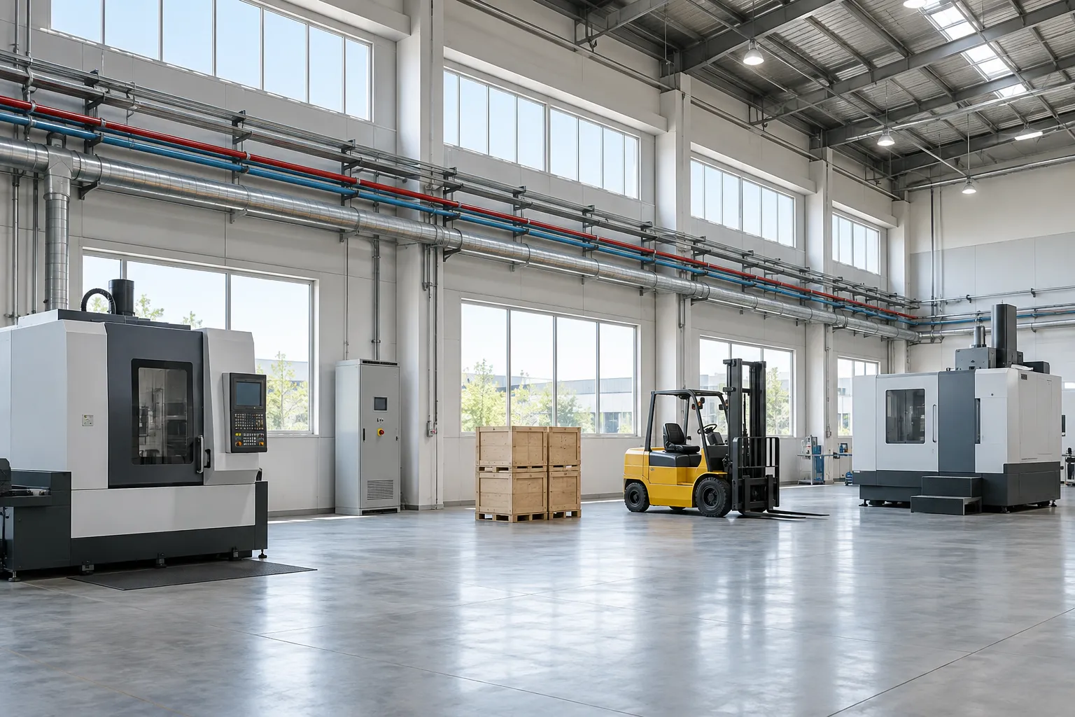 A bright factory hall with machines, a forklift and a control cabinet.