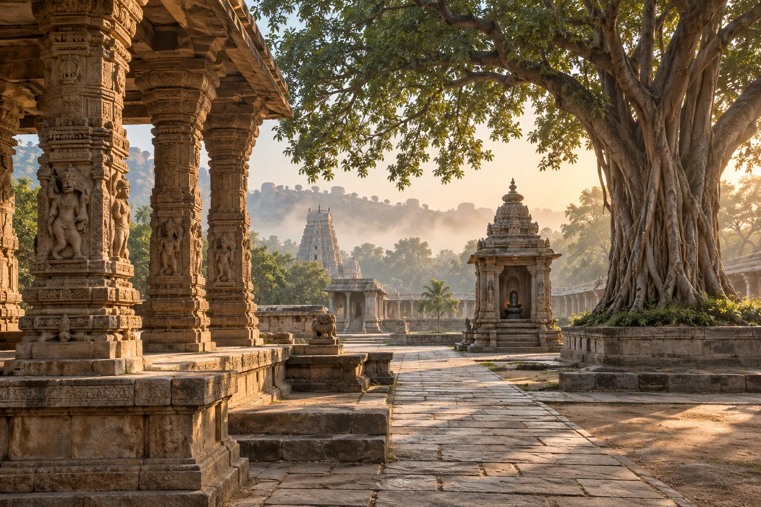 An ancient temple courtyard with carved pillars and a huge banyan tree.