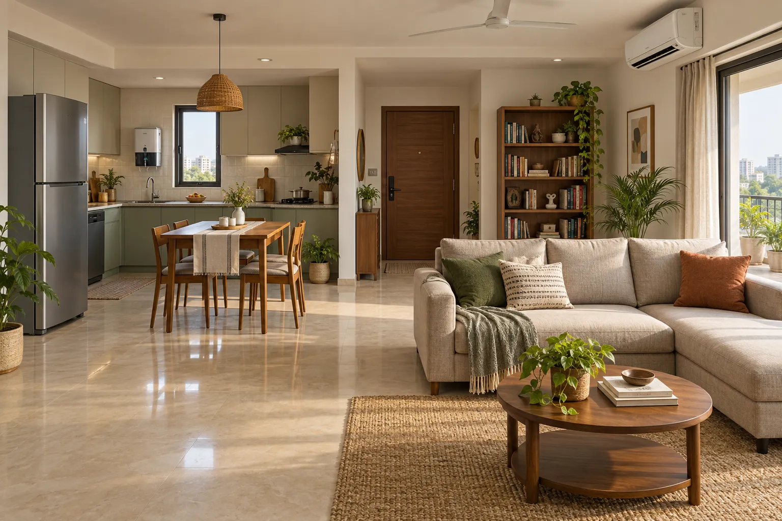 A sunlit apartment with a fridge, water purifier, air conditioner and front door.